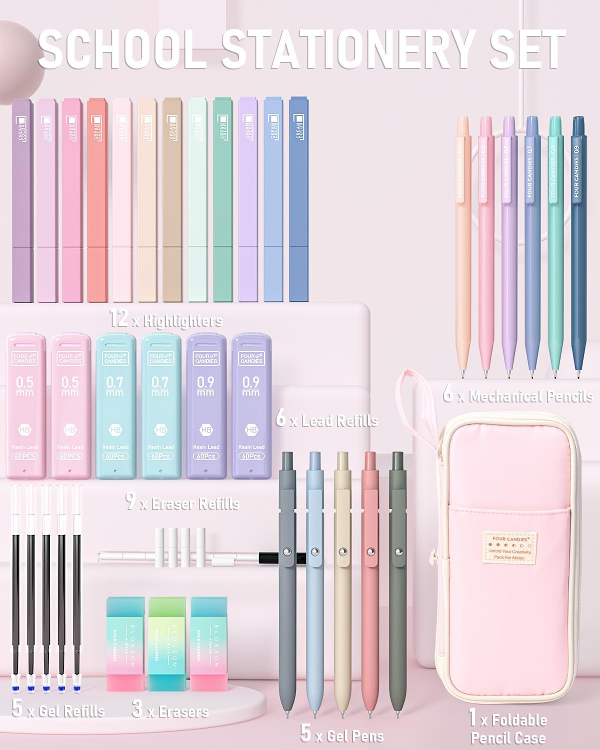 Four_Candies_School_Supplies_with_Cute_Pencil_Case,_39ct,_Pink_|_Back_to_School_Stationery_Set,_Essentials_for_College_&_Nursing_Students,_5_Gel_Pens,_6_Mechanical_Pencils,_12_Highlighters
