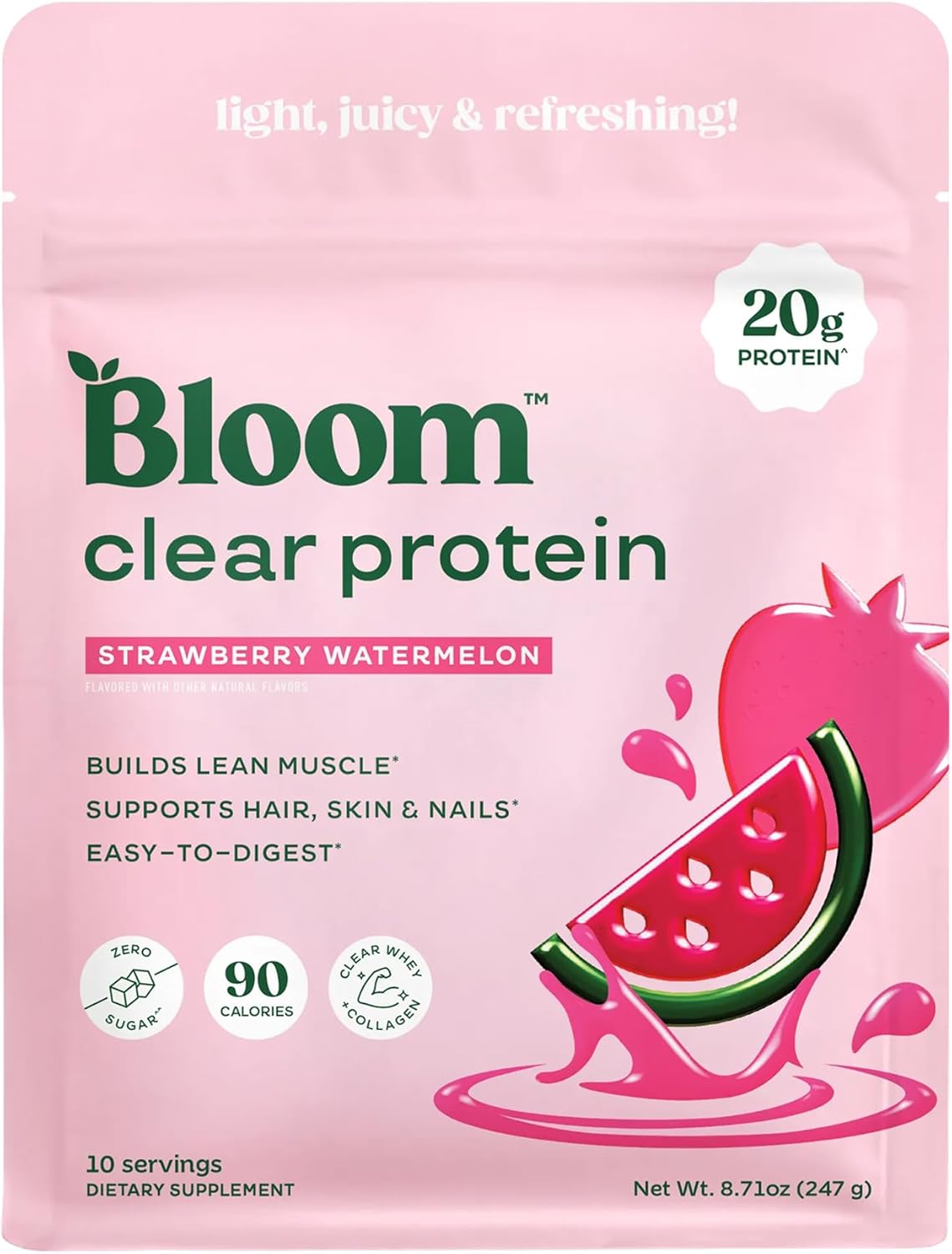 Bloom_Clear_Protein,_Whey_Protein_Isolate_with_Collagen_Peptides_and_Digestive_Enzymes,_20g_Protein,_Sugar_Free_Post_Workout_Drink_Mix,_90_Calories,_Strawberry_Watermelon,_10_Servings