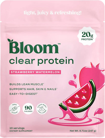 Bloom_Clear_Protein,_Whey_Protein_Isolate_with_Collagen_Peptides_and_Digestive_Enzymes,_20g_Protein,_Sugar_Free_Post_Workout_Drink_Mix,_90_Calories,_Strawberry_Watermelon,_10_Servings