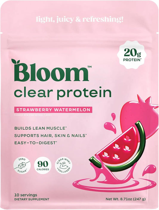 Bloom_Clear_Protein,_Whey_Protein_Isolate_with_Collagen_Peptides_and_Digestive_Enzymes,_20g_Protein,_Sugar_Free_Post_Workout_Drink_Mix,_90_Calories,_Strawberry_Watermelon,_10_Servings