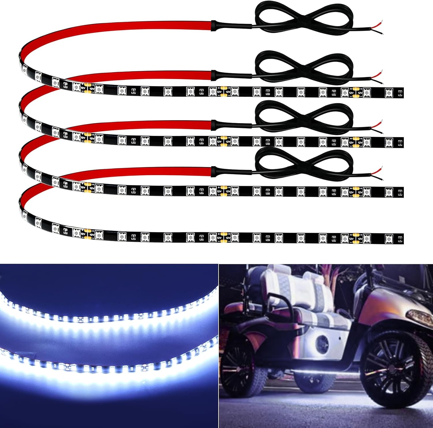 12V_Led_Light_Strip_24"_Connectable_White/Red/Green/Pink/Yellow/Blue/Ice_Blue_Led_Strip_Lights_for_Cars_Golf_Cart_Motorcycle_Boat_Trucks_Waterproof_Interior&_Exterior,_4Pack