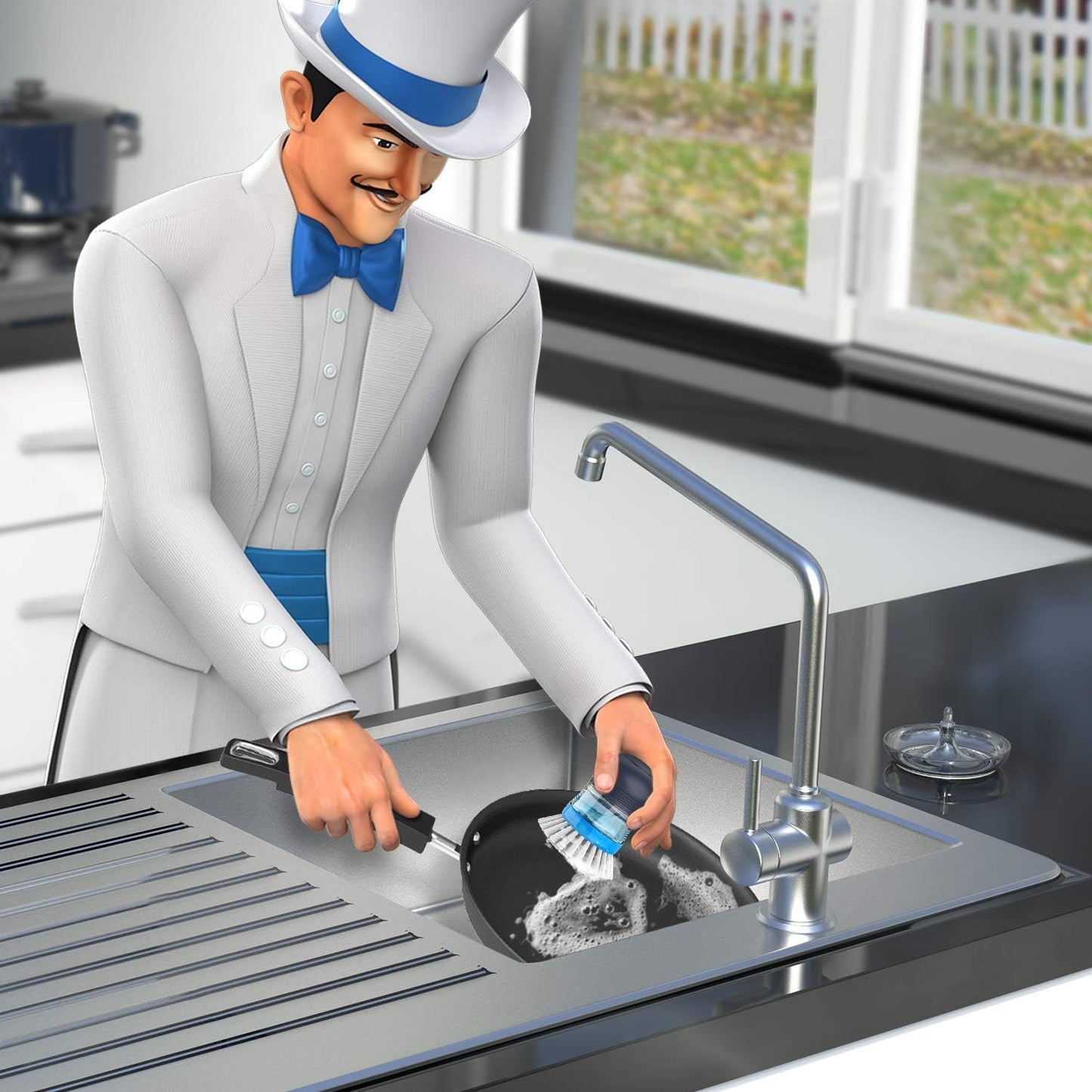 MR.SIGA_Soap_Dispensing_Palm_Brush_Storage_Set,_Kitchen_Brush_with_Holder_for_Pot_Pan_Sink_Cleaning,_1_Set