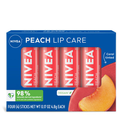 NIVEA Peach Lip Care, Tinted Lip Balm Pack with Shea Butter, Nourishing Oils and Vitamin C &amp;amp; E, 3-in-1 Moisture, Repair and Color, 0.17 Oz Stick, Pack of 4