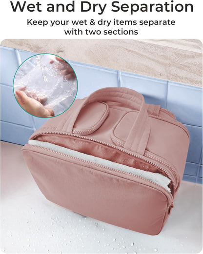 BAGSMART_Travel_Toiletry_Bag,_Lightweight_Large_Wide-open_Travel_Bag_for_Women,_Puffy_Cosmetic_Makeup_Bag_Organizer_with_Handle_for_Accessories,Essentials,_Toiletries,_Dark_Pink