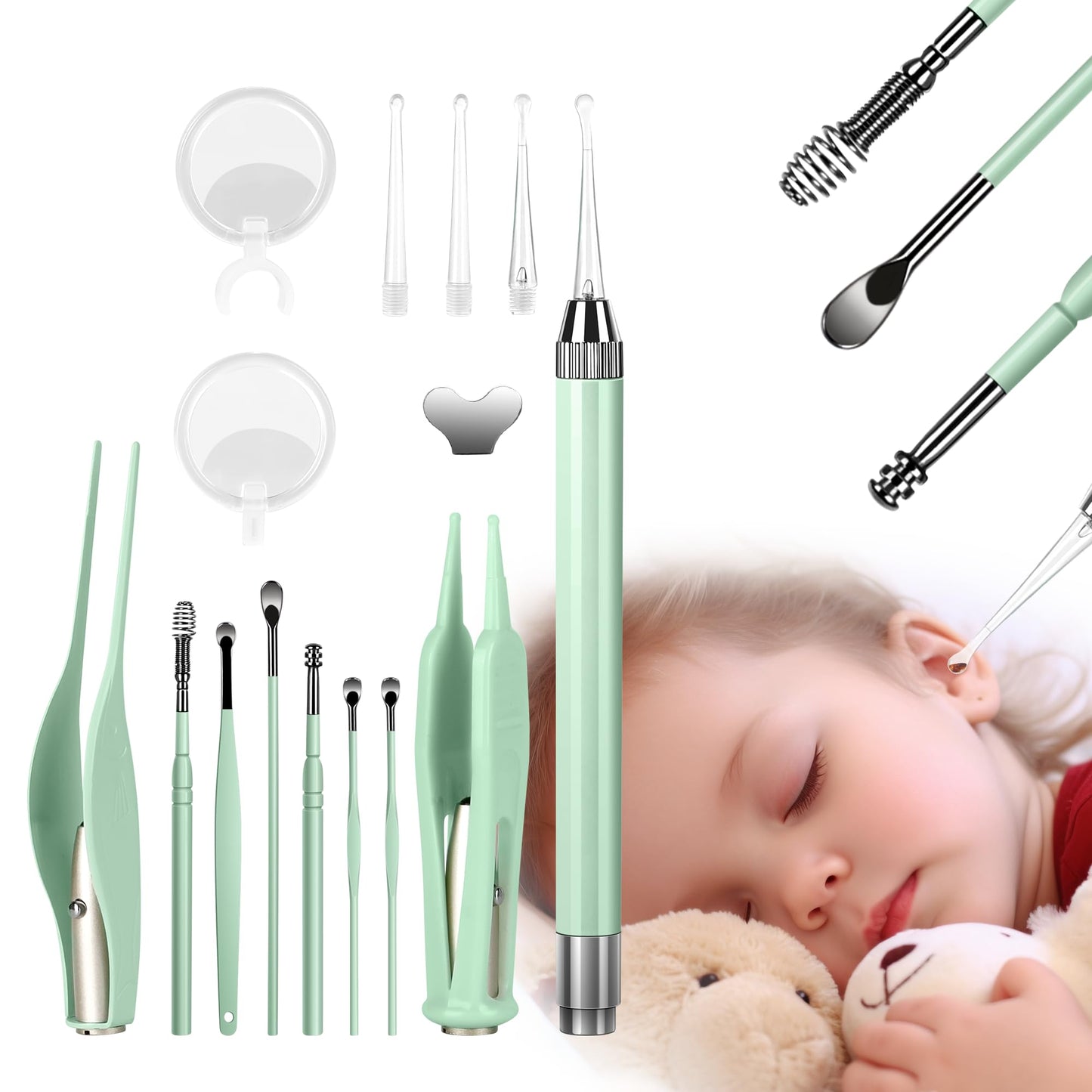 POZILAN Ear Cleaning Kit with LED Light - 15 Pack Ear Wax Removal Kit for Kids and Adults, Earwax Spoon Digger & Tweezers for Ear Cleaning Tool Present Set