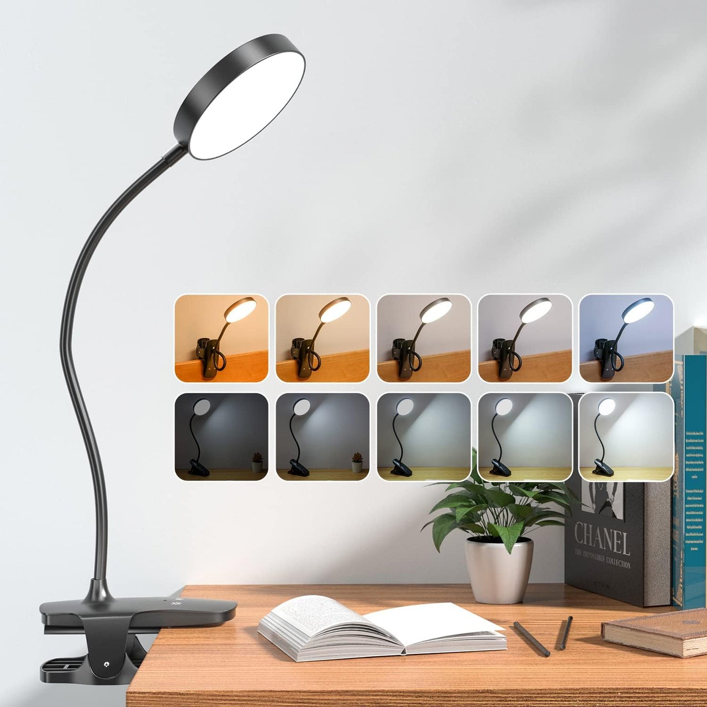 Mubarek_Clip_on_Lamp,5_Brightness+5_Color_Clip_on_Light,200LM_36_LED_Reading_Lights_for_Books_in_Bed,1800mAh_Battery_Powered_Lamp_Battery_Operated_Lights,Rechargeable_Desk_Lamp_with_Clamp_Light