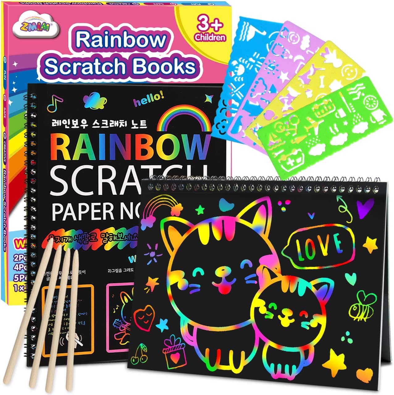 ZMLM_Scratch_Paper_Art-Crafts_Gift:_2_Pack_Rainbow_Notebooks_Supplies_Toys_Easter_Basket_Stuffers_for_3_4_5_6_7_8_9_10_Years_Old_Girls_and_Boys_Kids_Valentine's_Day_Birthday_Party_Travel_Games_(Pink)
