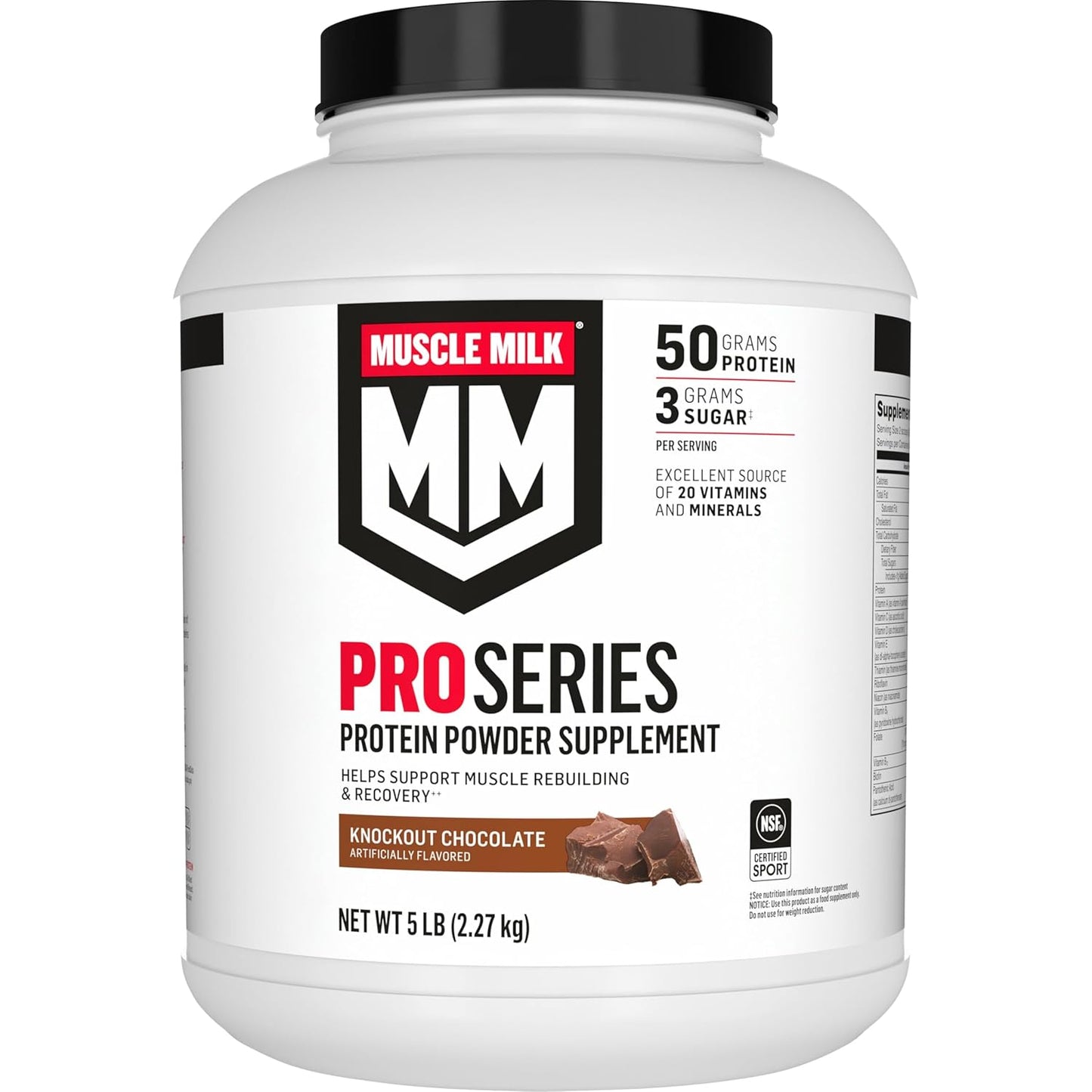 Muscle_Milk_Pro_Series_Protein_Powder_Supplement,_Knockout_Chocolate,_5_Pound,_28_Servings,_50g_Protein,_3g_Sugar,_20_Vitamins_&_Minerals,_NSF_Certified_for_Sport,_Workout_Recovery