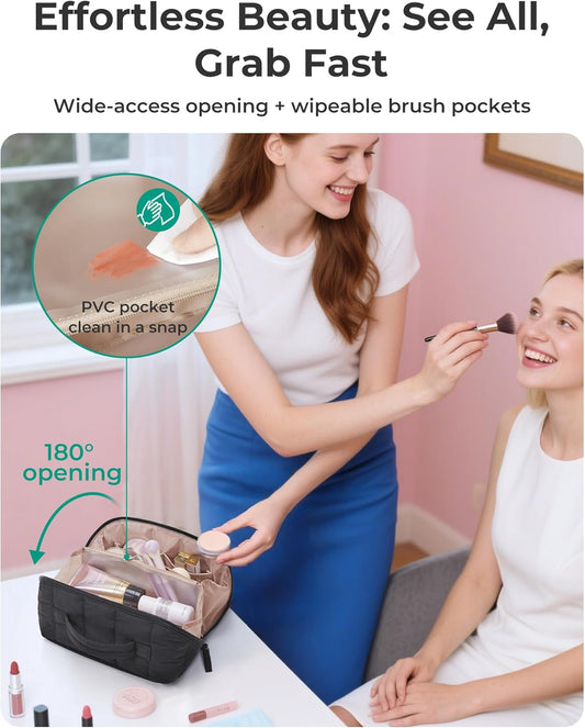 BAGSMART_Travel_Makeup_Bag_for_Women,_Portable_Water-resistant_Cosmetic_Case,_Puffy_Padded_Make_Up_Organizer_Pouch,_Open_Flat_Toiletry_Bag_for_Toiletries,_Brushes,_Brown