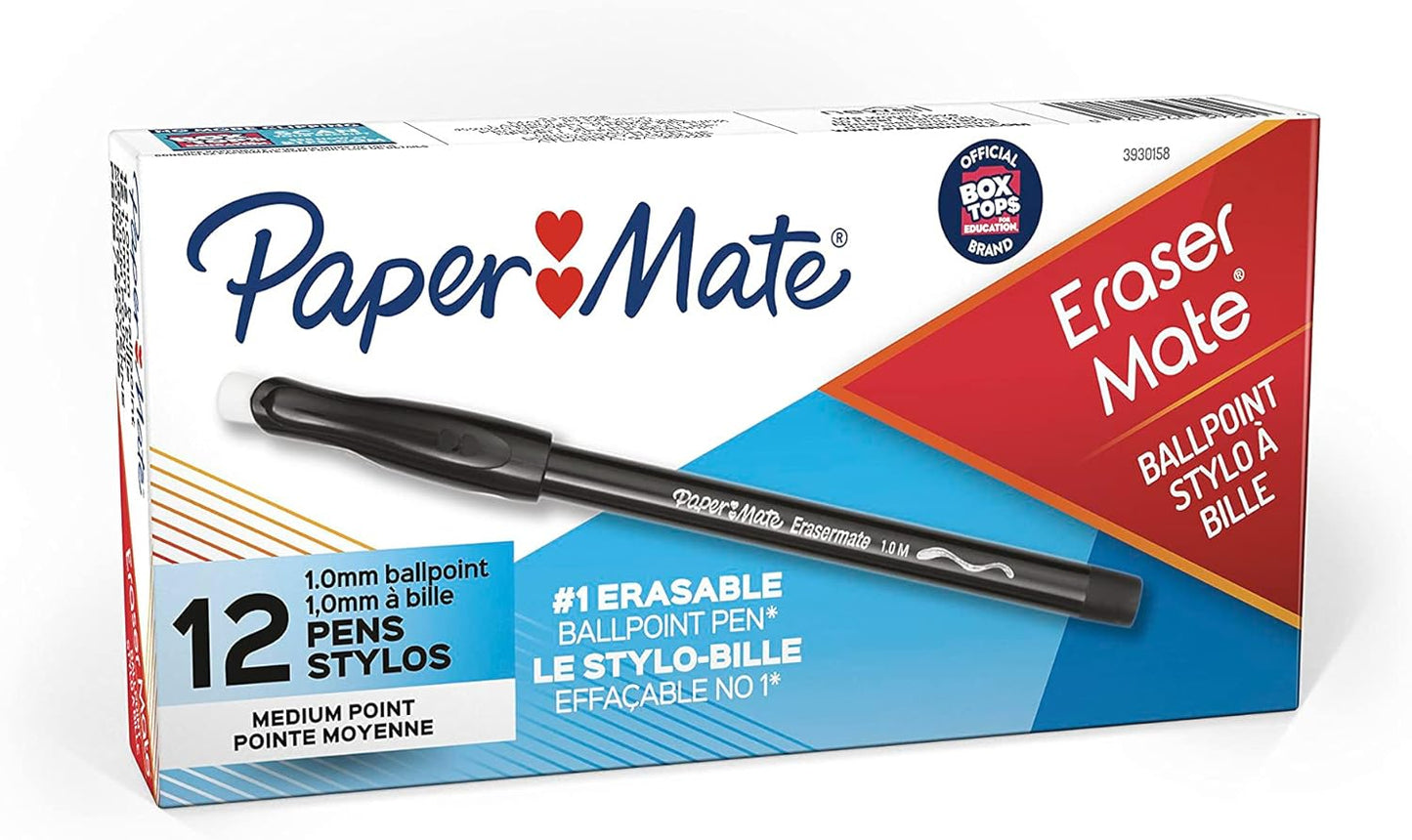 Paper_Mate_EraserMate_Erasable_Pen,_Medium_Point,_Black,_Box_of_12