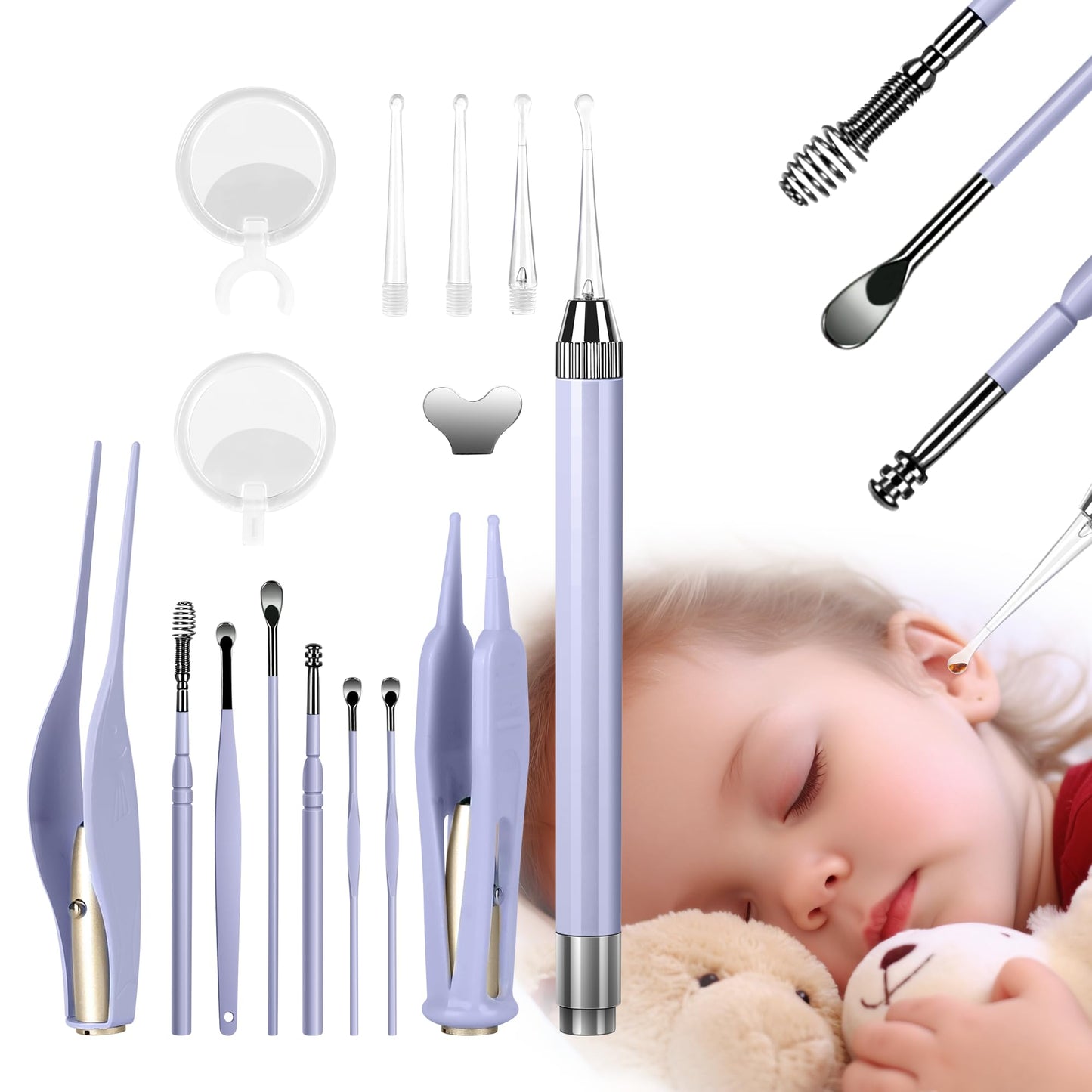 POZILAN Ear Cleaning Kit with LED Light - 15 Pack Ear Wax Removal Kit for Kids and Adults, Earwax Spoon Digger & Tweezers for Ear Cleaning Tool Present Set