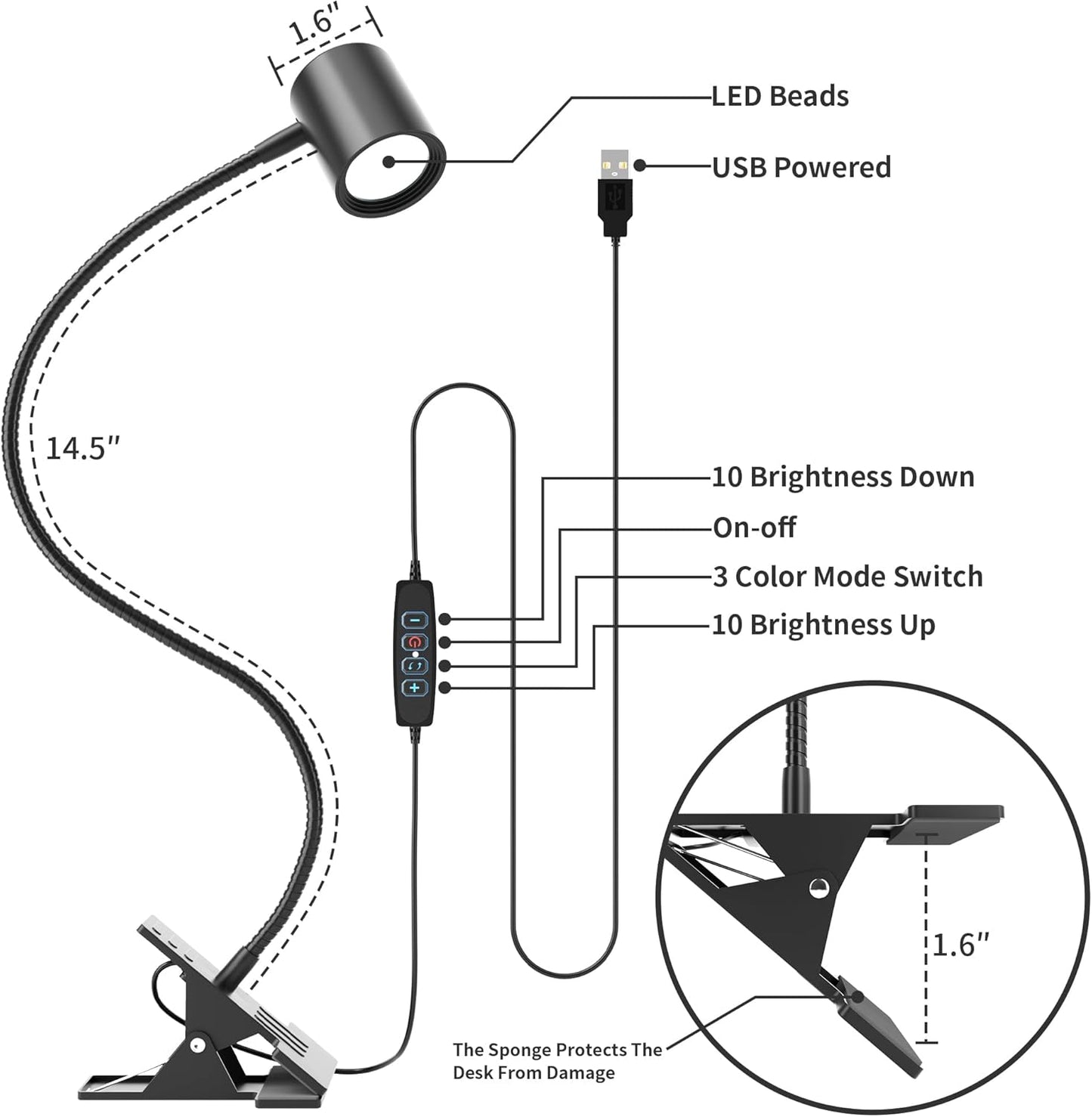 Dott_Arts_Desk_Lamp,USB_Clip_On_Light,Book_Lights_for_Reading_at_Night,3_Color_Modes,10_Brightness_Clamp_Lights,360°_Gooseneck_LED_Reading_Light_for_Books_in_Bed,Eye-Care_for_Home_Office,Headboards
