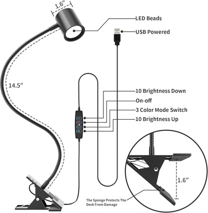 Dott_Arts_Desk_Lamp,USB_Clip_On_Light,Book_Lights_for_Reading_at_Night,3_Color_Modes,10_Brightness_Clamp_Lights,360°_Gooseneck_LED_Reading_Light_for_Books_in_Bed,Eye-Care_for_Home_Office,Headboards