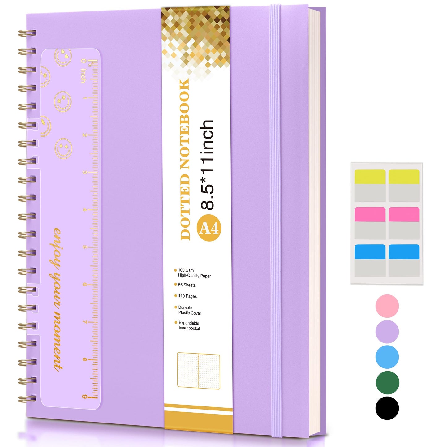 Dotted Notebook, Spiral Notebook Journal 8.5” x 11”, A4 Large Dot Grid Notebooks for Women Men, 100 GSM Dotted Paper, Plastic Hardcover Spiral Bullet Journals for Work School Sketching, Purple