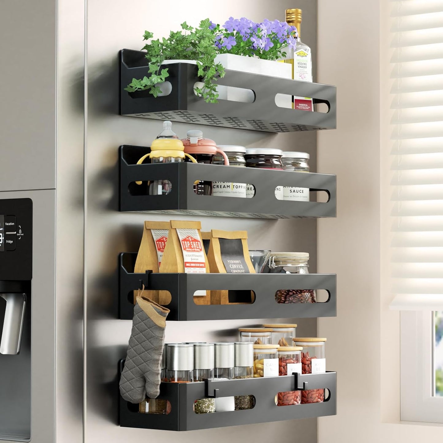 4_Pack_Magnetic_Spice_Rack_for_Refrigerator,_Spice_Rack_Organizer,_Moveable_Magnetic_Shelf_Fridge_Organizer_with_4_Hooks_for_Kitchen_and_Oven_Organization,_Black