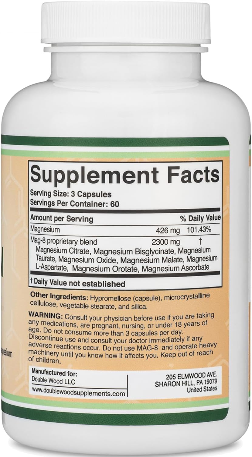Magnesium_Complex_Supplement_180_Capsules_(426mg_Elemental_Magnesium_Provided_by_2,300mg_of_Eight_Different_Forms_of_Magnesium)_MAG-8_Provides_100%_Daily_Recommended_Value_of_Magnesium_by_Double_Wood