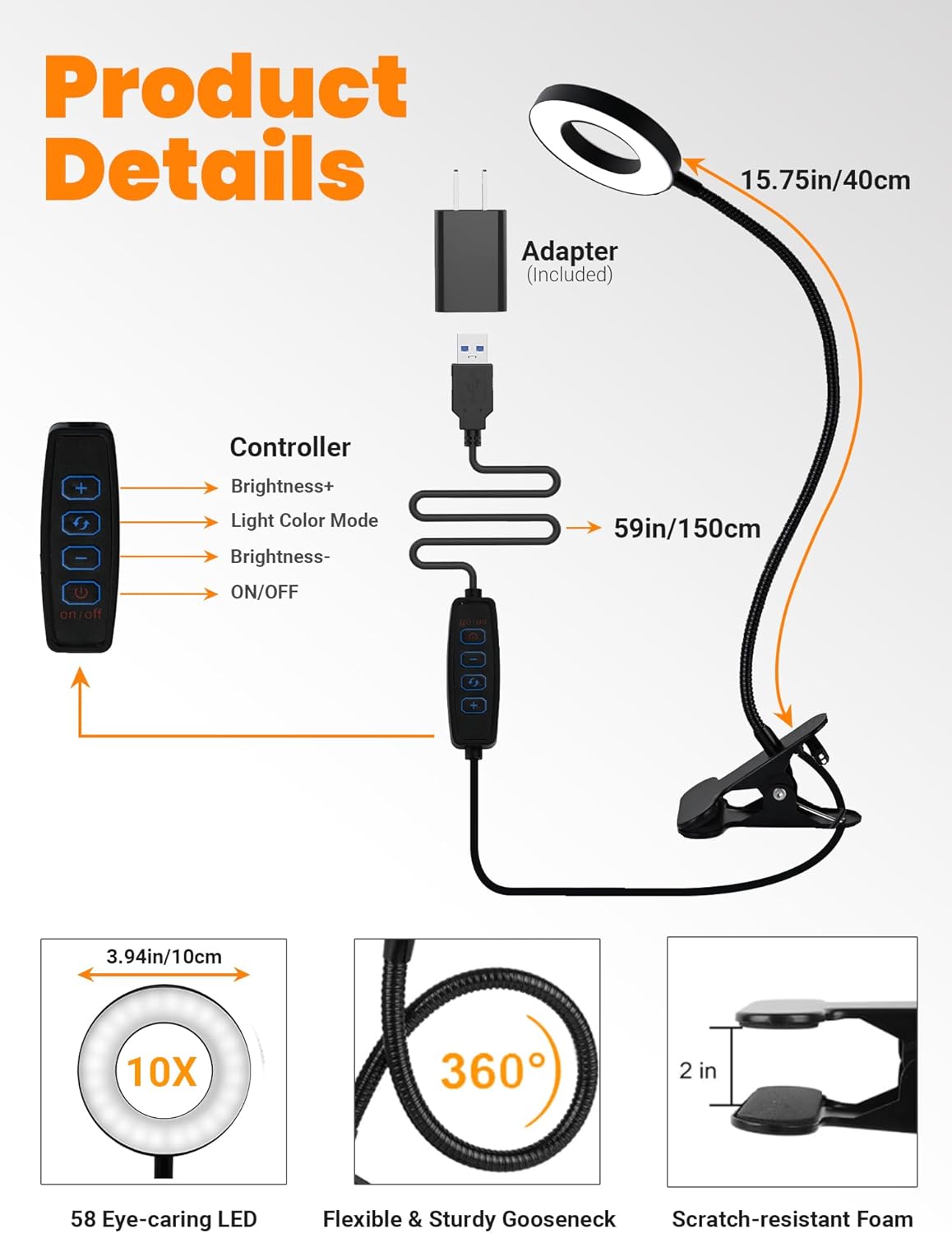 10X_Magnifying_Glass_with_Light,5_Colors+10_Brightness_Reading_Lamp,58_LED_Magnifier_with_Light,750_Lumen_Lighted_Magnifying_Glass_for_Reading,Clip_on_Lamp_for_Desk/Bed/Work/Nail_[Adapter]