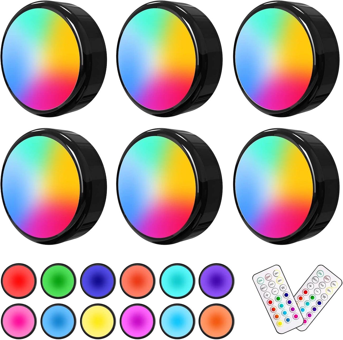 ILYXY_LED_Puck_Lights_with_Remote,_3_Pack/6_Pack_Under_Cabinet_Lighting,_Battery_Operated_Push_Light,_Dimmable_&_Color_Changing_Tap_Lights,_Stick-On,_Black/White