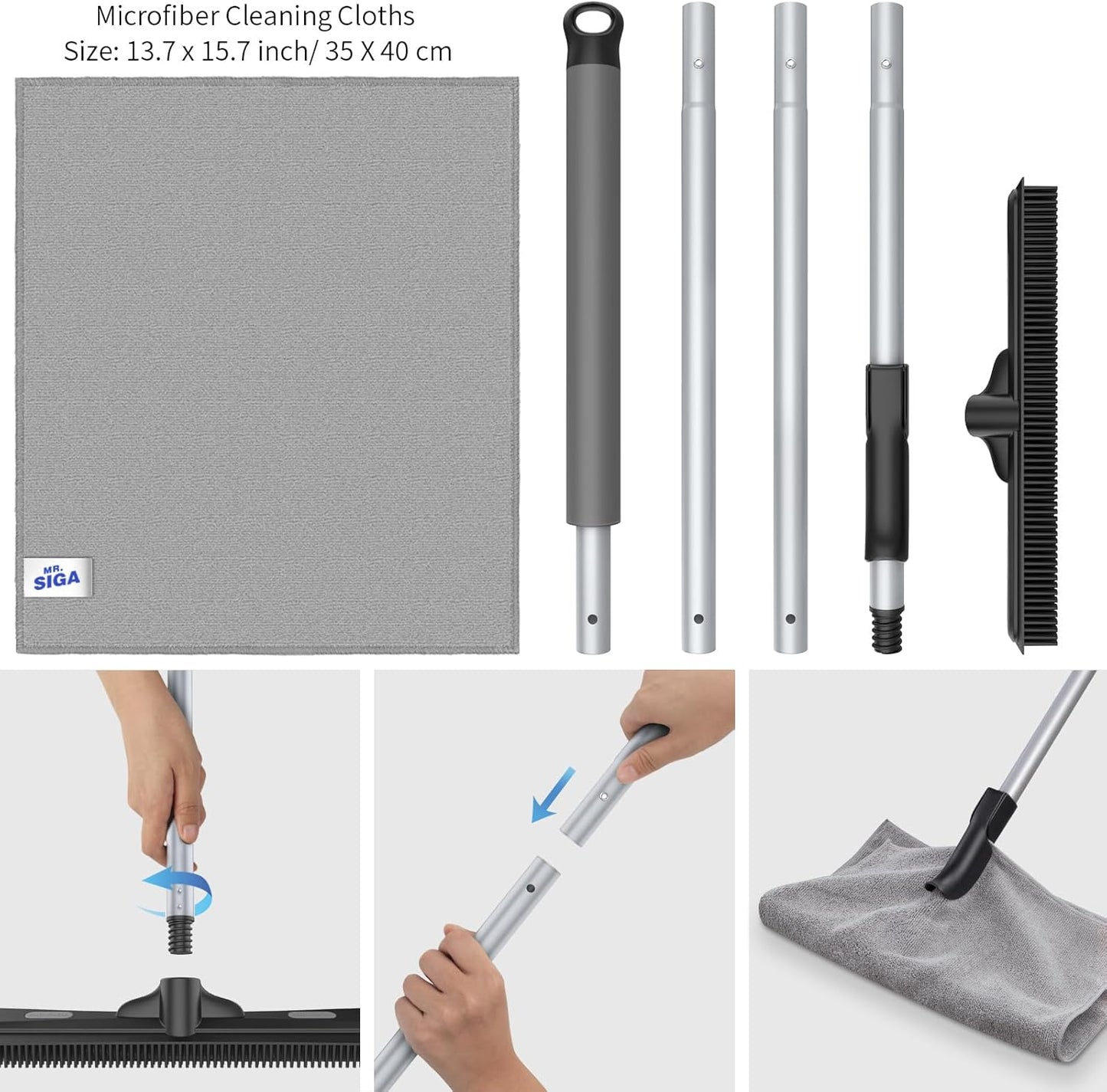 MR.SIGA_Pet_Hair_Removal_Rubber_Broom_with_Built_in_Squeegee,_3_in_1_Floor_Brush_for_Carpet,_61_inch_Adjustable_Handle,_Includes_1_Microfiber_Cloth_for_Floor_Dusting