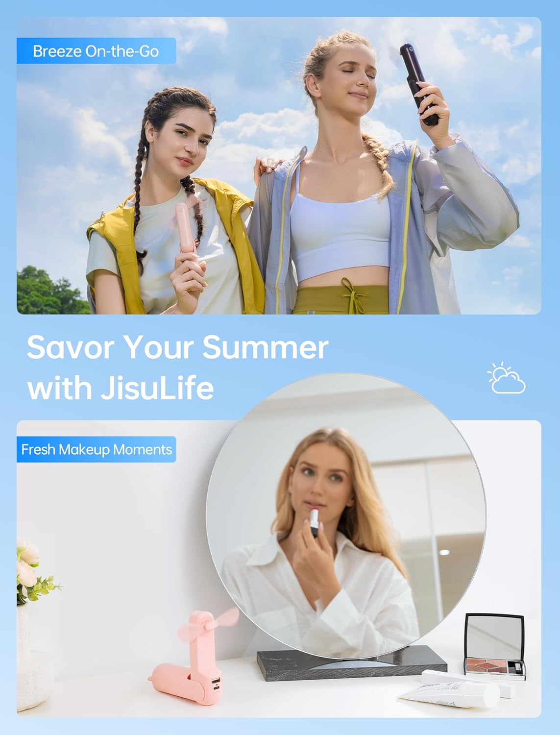 JISULIFE_3_IN_1_Handheld_Mini_Fan_-_Portable_Fan_&_Power_Bank_&_Flashlight,_19H_Max_Cooling,_USB_Rechargeable,_Pocket-Sized_for_Travel,_Cruise,_Concerts,_Makeup,_2026_Summer_Gifts_for_Women(Pink)
