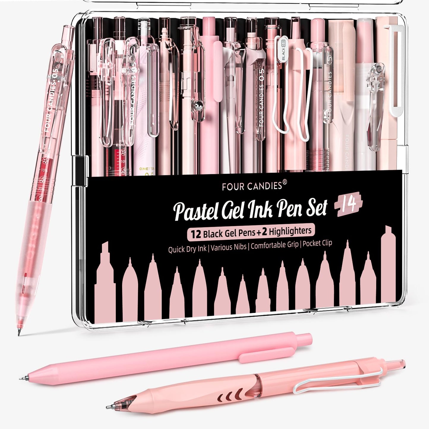Four Candies Writing Ink Pens with Black &amp;amp; Pink Ink and 2Pack Highlighter, Cute Retractable 0.5mm Smooth Writing Pens,Pink Pens for School, Office Girly Stationery Aesthetic Desk Accessories Set of 14