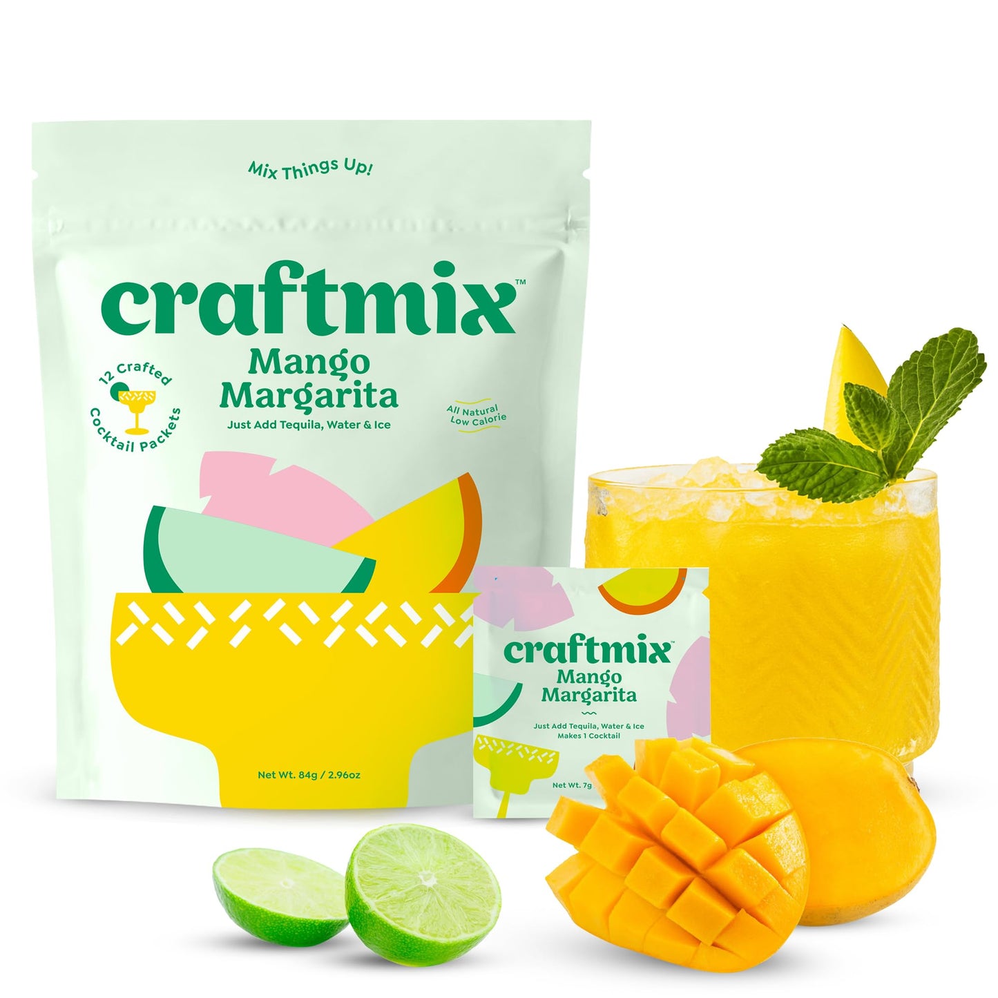 Craftmix Mango Margarita Cocktail &amp;amp; Mocktail Drink Mixer, Skinny Mixes - Water Flavoring Packets - Made With Real Fruit - Vegan, Low-Carb, Low-Sugar, Non-GMO, Dairy Free, Gluten Free, 12 Pack