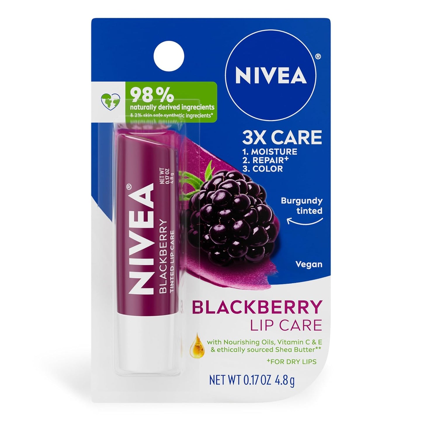NIVEA_Blackberry_Lip_Care,_Tinted_Lip_Balm_with_Shea_Butter,_Nourishing_Oils_and_Vitamin_C_&_E,_3-in-1_Moisture,_Repair_(for_Dry_Lips)_and_Color,_0.17_Oz_Stick