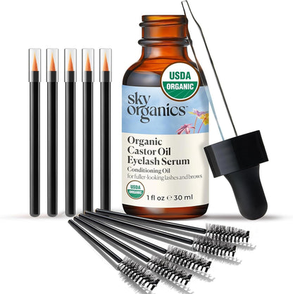 Sky Organics - USDA Organic Castor Oil Eyelash Serum (1 fl oz/30 mL) Brown Glass Bottle for UV Protection - Fuller-Looking Eyebrow &amp;amp; Lash Serum - Conditioning Hair Oil - Vegan, Cruelty Free, Self Care