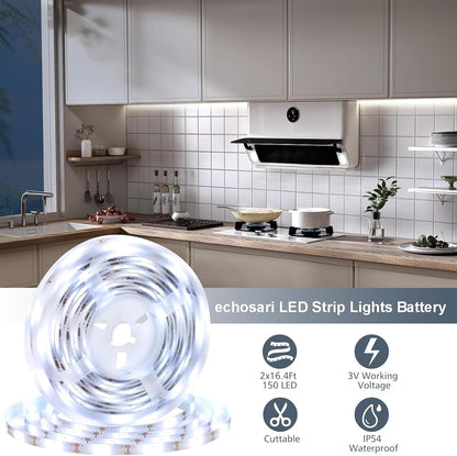 echosari_2_PCS_Strip_Lights_Battery_Operated,_9.8Ft/16.4ft_Strip_Lights_Self-Adhesive_with_Remote_Timer,_Flexible_Cuttable_Light_Strip_for_Bedroom_TV_Boat_Kitchen_Cupboard_Decor_(Cool_White/Warm_White)