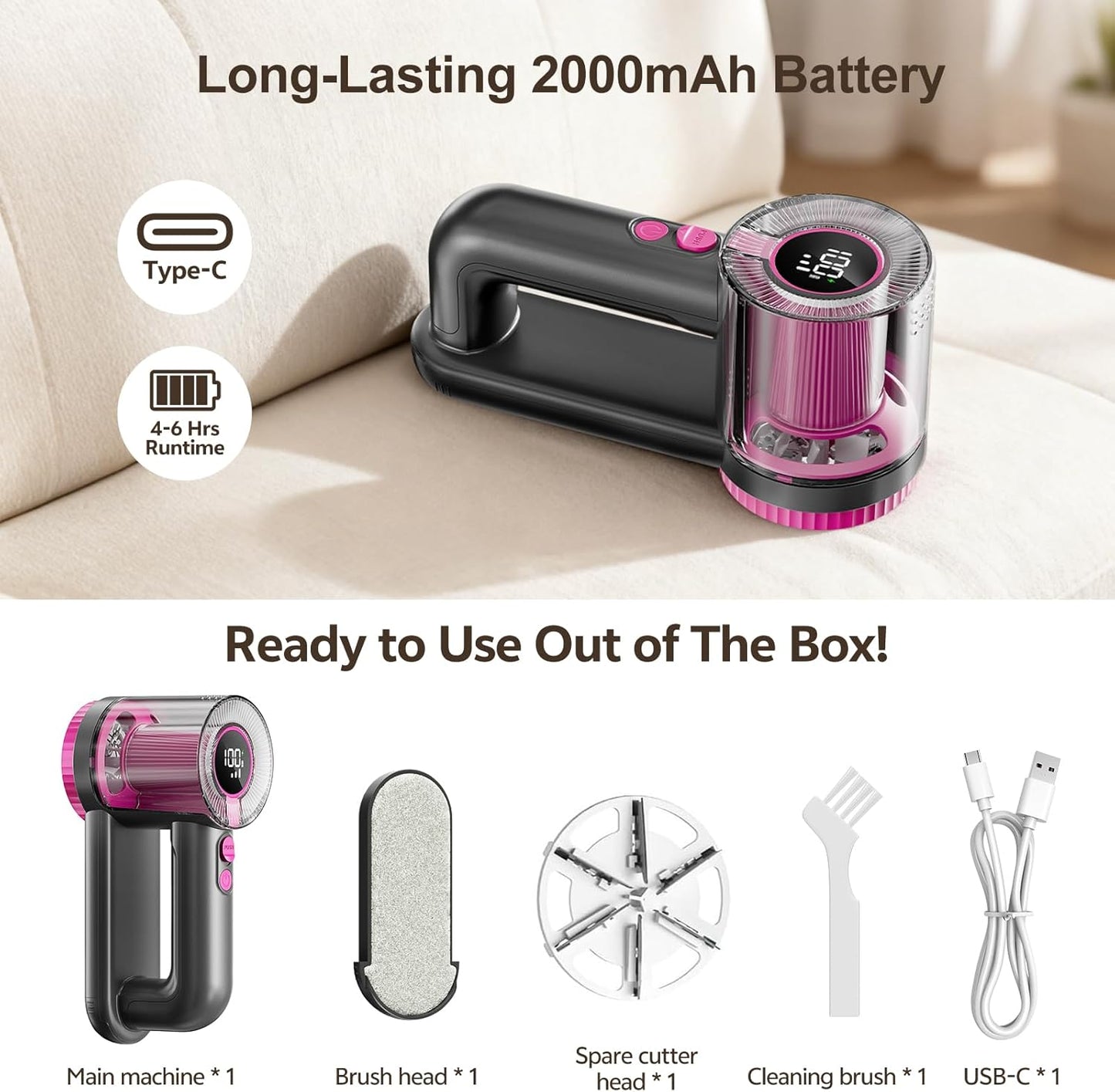 Rechargeable Fabric Shaver, 2-in-1 Lint Remover for Clothing, Furniture, Sweater with 6-Blade, 200ml Container, LED Display, 2000mAh USB-C, 3-Speed Lint Shaver Eliminates Fuzz & Pilling