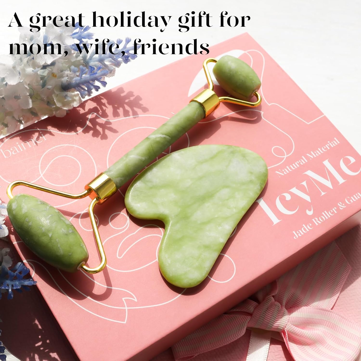 BAIMEI_IcyMe_Gua_Sha_&_Jade_Roller_Facial_Tools_Face_Roller_and_Gua_Sha_Set_for_Puffiness_and_Redness_Reducing_Skin_Care_Routine,_Self_Care_for_Men_Women_-_Green