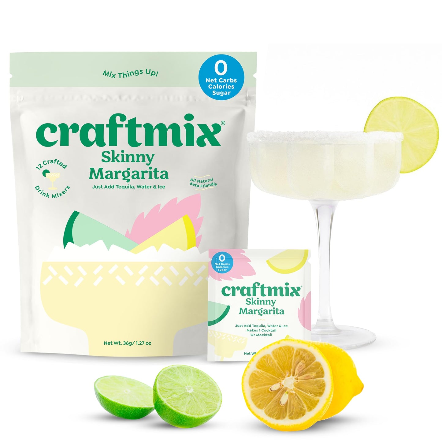 Craftmix Skinny Margarita Cocktail &amp;amp; Mocktail Drink Mixer, Skinny Mixes - Water Flavoring Packets - Made With Real Fruit - Vegan, No-Carb, No-Sugar, Non-GMO, Dairy Free, Gluten Free, 12 Pack