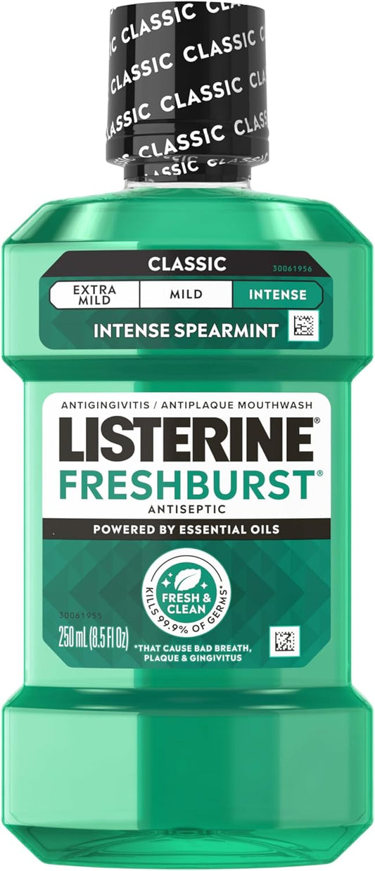 Listerine_Freshburst_Intense_Antiseptic_Mouthwash_for_Bad_Breath,_Kills_99.9%_of_Germs_that_Cause_Bad_Breath_&_Fight_Plaque_&_Gingivitis,_ADA_Accepted_Mouthwash,_Intense_Spearmint,_250_mL