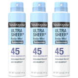 Neutrogena Ultra Sheer Sunscreen Spray SPF 45 Body Mist, Lightweight Non-Greasy Broad Spectrum UVA/UVB Protection, Oil-Free & Non-Comedogenic Water Resistant Spray Sunscreen (80 min), Pack of 3, 5 oz