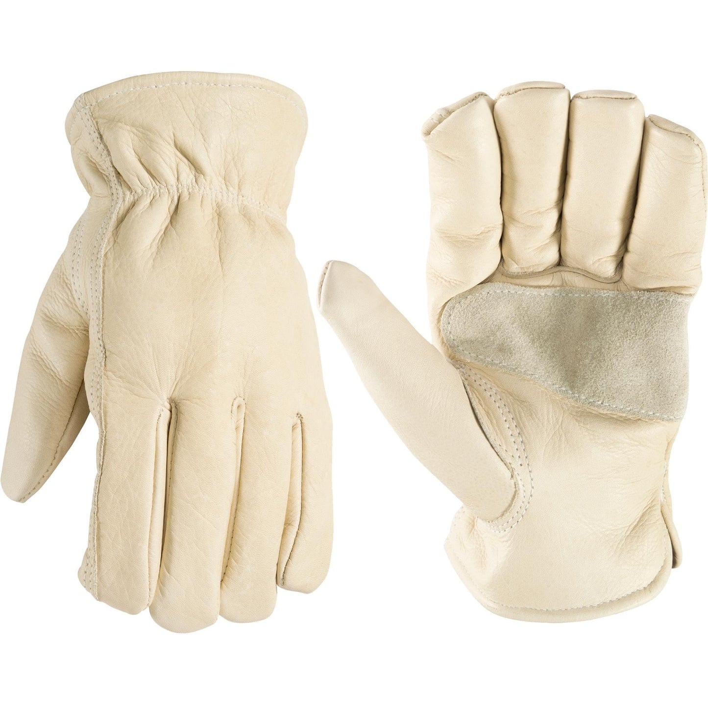 Wells Lamont Leather Work Gloves for Men – Grain Cowhide, Reinforced Palm – Ideal for Construction, Farming, Ranching – Ergonomic Fit, Keystone Thumb, Elasticized Wrist – Beige, Medium (1130M)