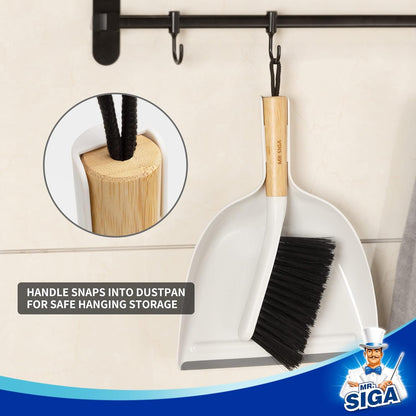 MR.SIGA_Dustpan_and_Brush_Set,_Portable_Cleaning_Brush_and_Dustpan_Combo_with_Bamboo_Handle,_White,_1_Set