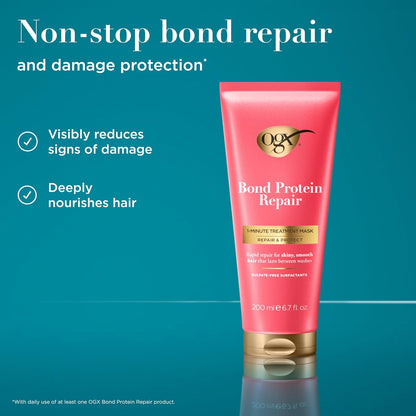 OGX_Repair_&_Protect_Bond_Protein_Repair_1-Minute_Treatment_Mask,_Deep_Conditioning_Hair_Mask_Rapidly_Repairs_for_Shiny,_Smooth_Hair_That_Lasts_Between_Washes,_6.7_fl._oz