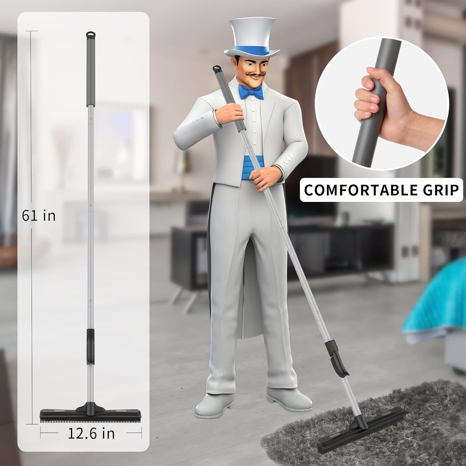 MR.SIGA_Pet_Hair_Removal_Rubber_Broom_with_Built_in_Squeegee,_3_in_1_Floor_Brush_for_Carpet,_61_inch_Adjustable_Handle,_Includes_1_Microfiber_Cloth_for_Floor_Dusting