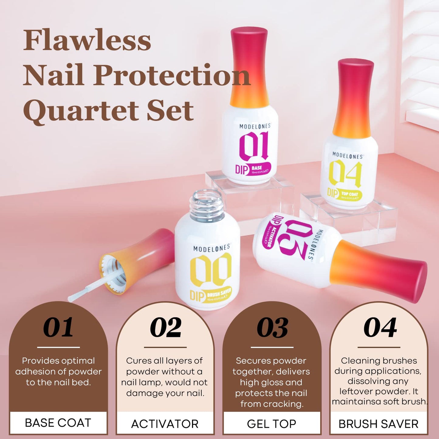 Modelones_Dip_Powder_Liquid_Set_4+4_Pcs,_Dip_Powder_System_Set_with_Base_Coat/Top_Coat/Activator/Brush_Saver/Manicure_Tools_for_Nail_Kit_Art_DIY_Salon_-_15ml/0.5oz