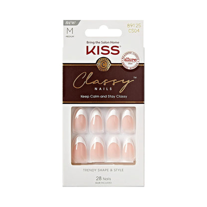 KISS_Classy,_Press_On_Nails,_Nail_glue_included,_'Dashing',_White,_Medium_Size,_Almond_Shape,_Includes_28_Nails,_2g_glue,_1_Manicure_Stick,_1_Mini_File