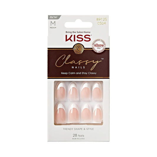 KISS_Classy,_Press_On_Nails,_Nail_glue_included,_'Dashing',_White,_Medium_Size,_Almond_Shape,_Includes_28_Nails,_2g_glue,_1_Manicure_Stick,_1_Mini_File