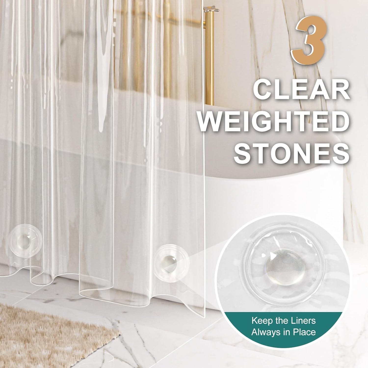 AmazerBath_Heavy_Duty_Shower_Curtain_Liner_12_Gauge,_72_x_72_Inches_Clear_Shower_Curtain_Liner_with_3_Clear_Stones_and_12_Grommet_Holes,_Weighted_Plastic_Shower_Liner