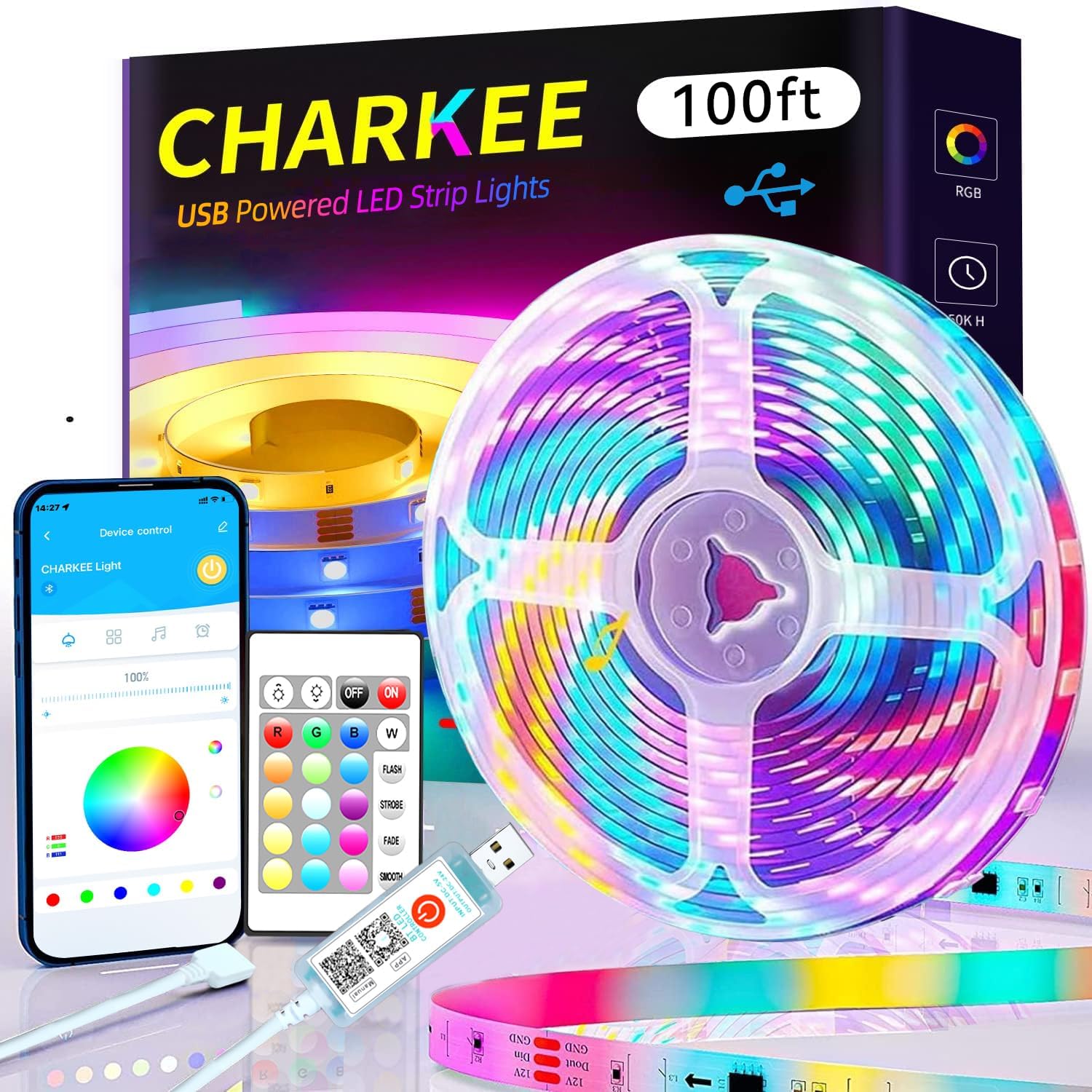CHARKEE_LED_Lights_25ft/50ft/100ft_USB-Powered,_Music_Sync_RGB_LED_Strip_Lights_for_Bedroom/TV_Backlight/Gaming_Lighting,_Color_Changing_Bluetooth_Led_Lights_IR_Remote&App_Control