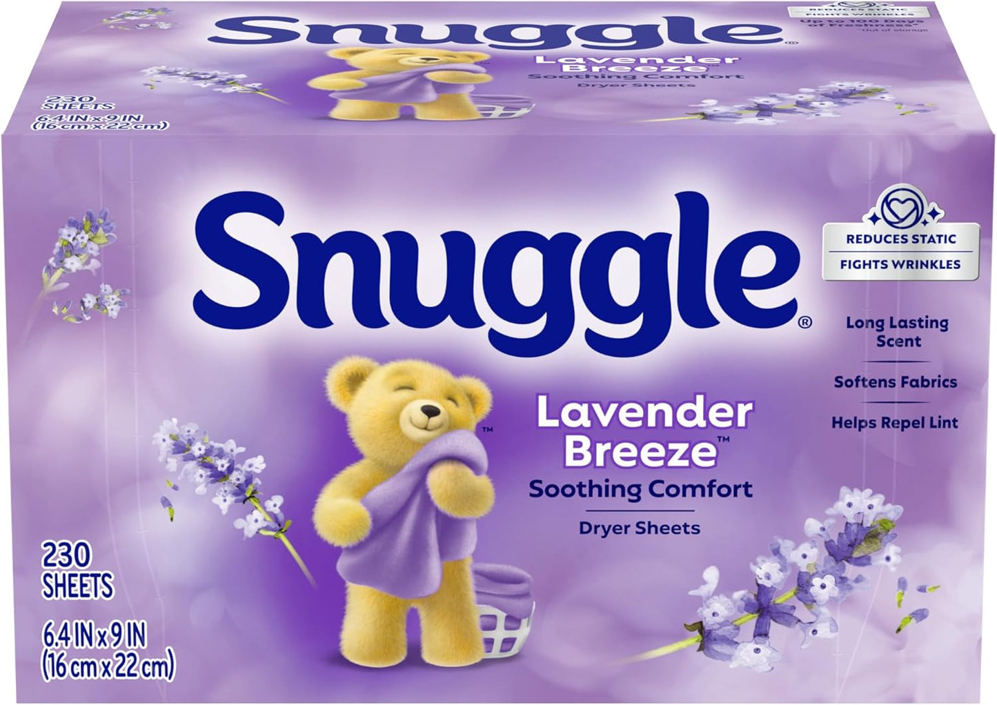 Snuggle_Fabric_Softener_Dryer_Sheets,_Lavender_Breeze_Soothing_Comfort,_230_Ct,_Long-Lasting_Fresh_&_Clean_Scent,_Softens_Fabric,_Reduces_Static,_Fights_Wrinkles,_Helps_Repel_Lint_&_Pet_Hair,_HE_Safe