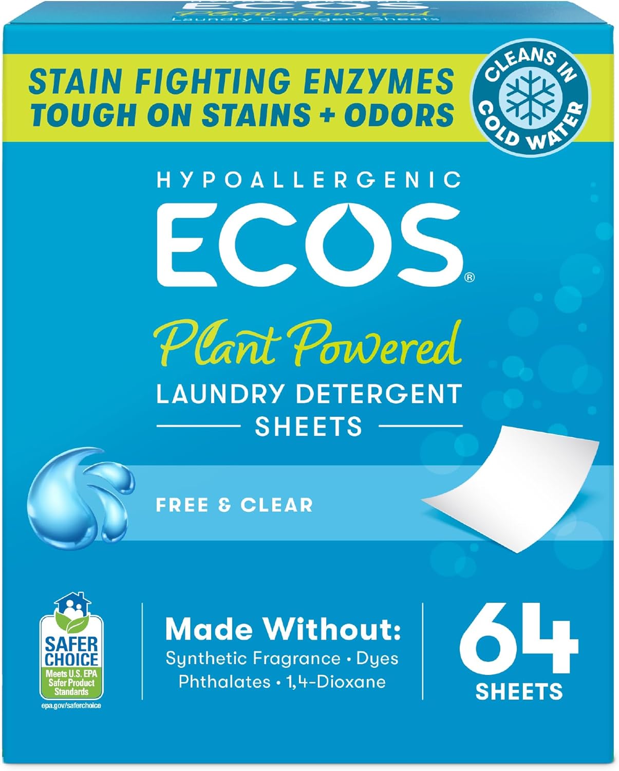 ECOS_Laundry_Detergent_Sheets_Vegan,_No_Plastic_Jug,_No_Mess_&_Liquid_Free_-_Hypoallergenic,_Plant_Powered_Laundry_Detergent_Sheet_-_Free_and_Clear_-_64_Count_(Pack_of_1)