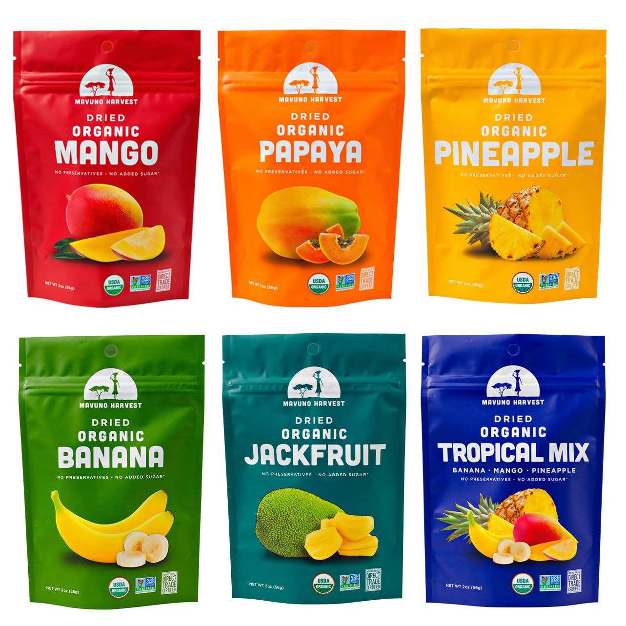 Mavuno Harvest Organic Dried Fruit Variety Pack | Dried Mango, Papaya, Pineapple, Banana, Jackfruit, &amp;amp; Tropical Mix | Healthy, Vegan, No Sugar Added, Non GMO Snacks for Kids &amp;amp; Adults | 2 Ounce, 6 Pack