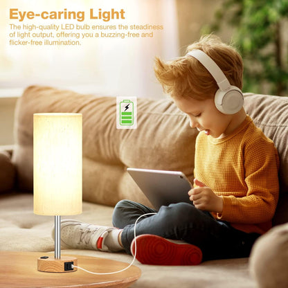Bedside_Table_Lamp_for_Bedroom_-_3_Way_Dimmable_Touch_Lamp_USB_C_Charging_Ports_and_AC_Outlet,_Small_Lamp_Wood_Base_Round_Flaxen_Fabric_Shade_for_Living_Room,_Desk,_LED_Bulb_Included