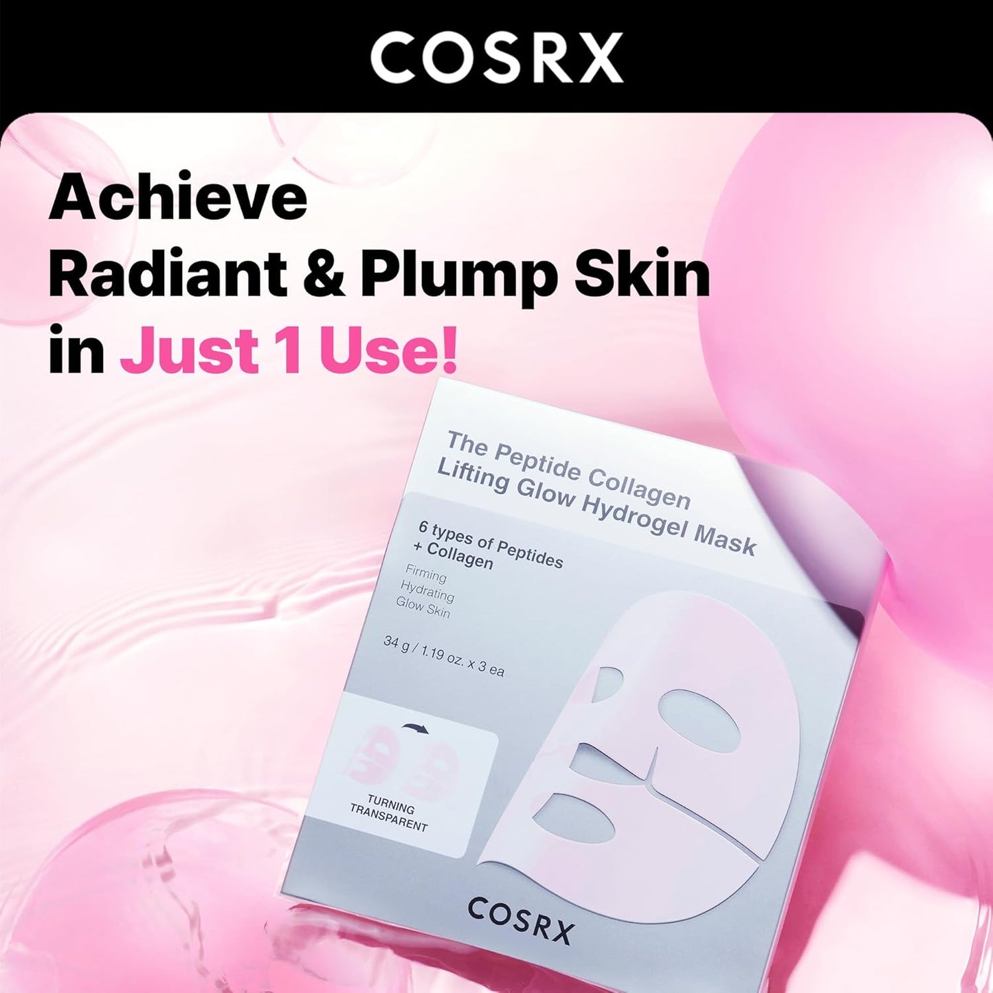 COSRX_Pink_Peptides_Collagen_Lifting_Glow_Hydrogel_Face_Masks_Skincare_3_EA,_Collagen_Face_Mask,_Travel_Essentials,_Overnight_Face_Mask,_Korean_SkinCare