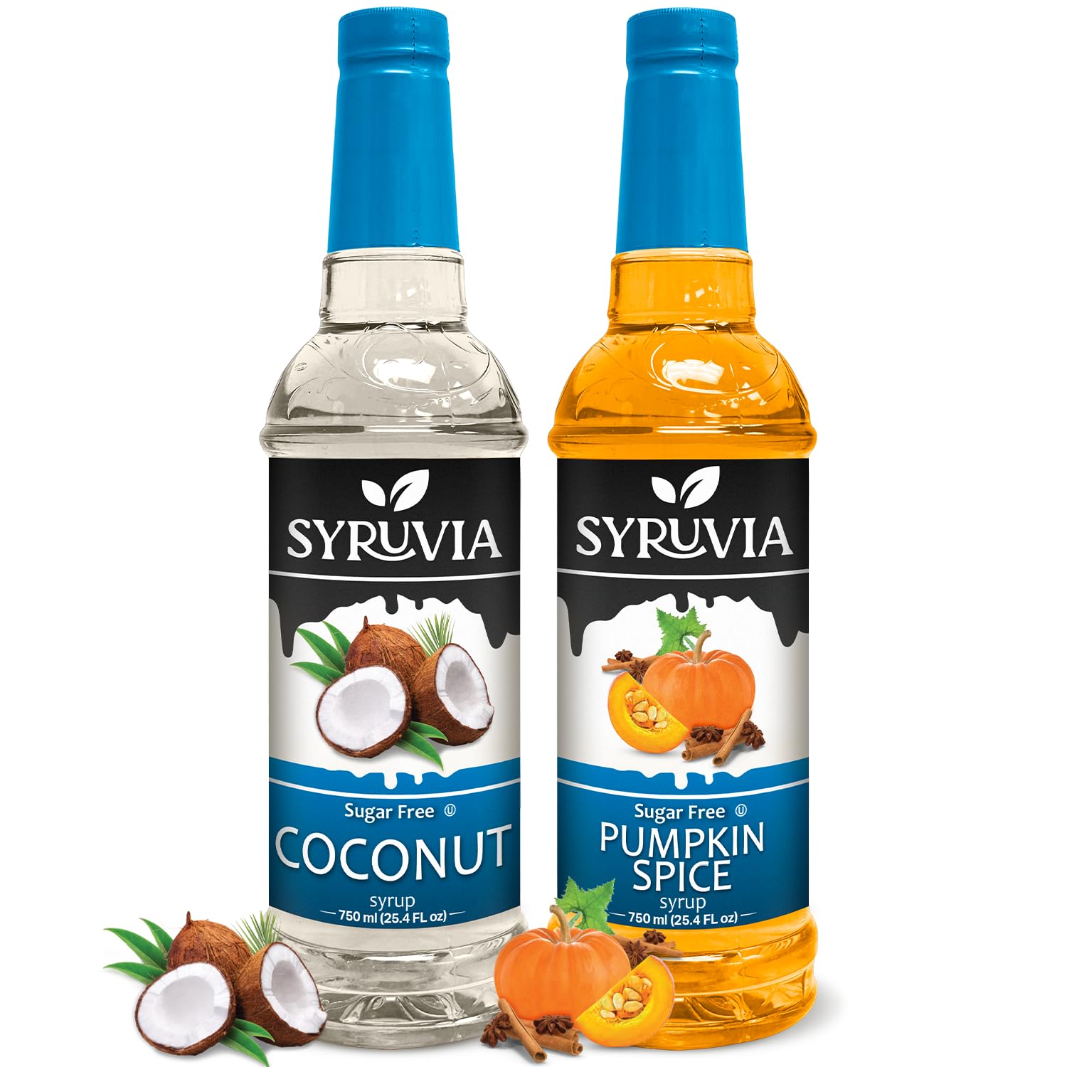 Syruvia Sugar-Free Fruit Flavors Variety Pack Pumpkin Coffee &amp;amp; Coconut Syrup - 0 Calorie - for Tea, Italian Sodas, Beverages, Desserts, Ice Cream, Cocktails &amp;amp; Mocktails, Kosher, 25.4 fl oz. (2-Pack)