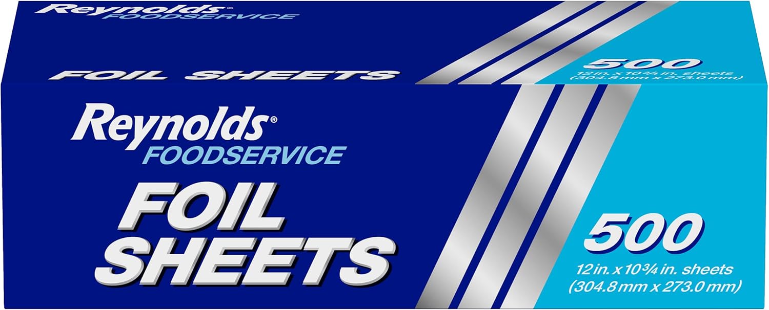 Reynolds_Foodservice_Pre-Cut_Aluminum_Foil_Sheets,_Great_for_Concessions,_Catering,_Cafeterias,_and_Restaurants,_Easily_Moldable_Around_Food,_12_x_10.75_Inches,_500_Ct.